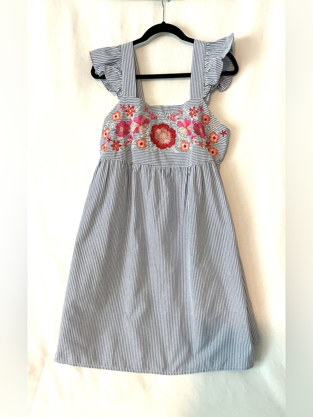 Peasant Blue/White Pinstripe Babydoll Dress Women SzLG Floral Embroidery
